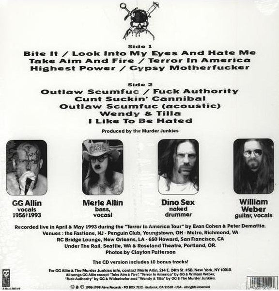 GG ALLIN & THE MURDER JUNKIES (GG アリン & ザ・マーダー・ジャンキーズ) - Terror In America : Live 1993 (US Ltd.Reissue LP / New)